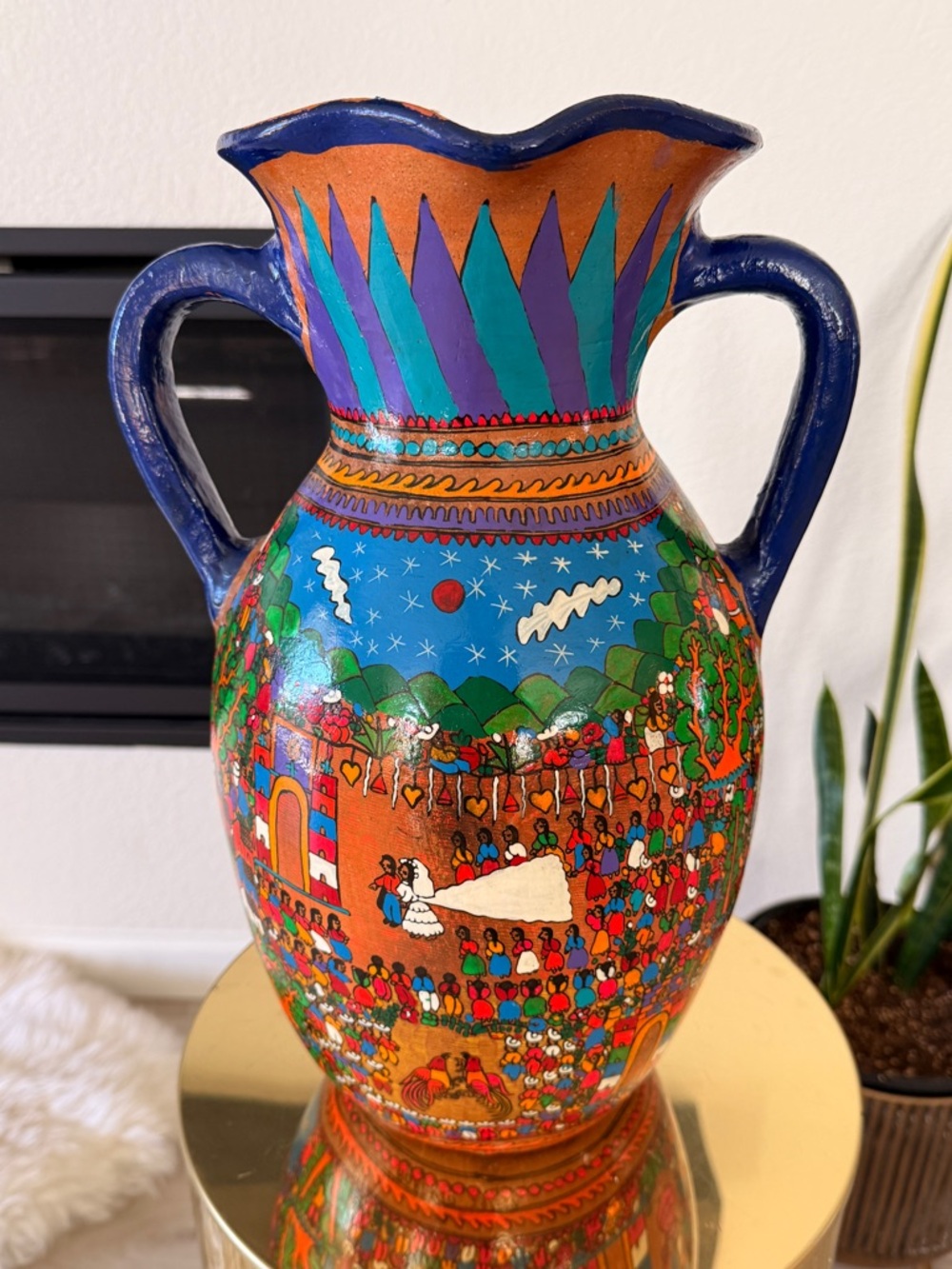 Vintage Hand Painted Terracotta Mexican Folk Art Vase